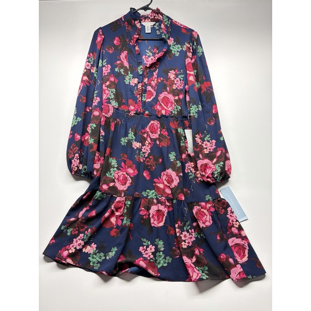 London Times Women's A-Line Midi Dress Ruffle Long Sleeve Floral Knee Length 10